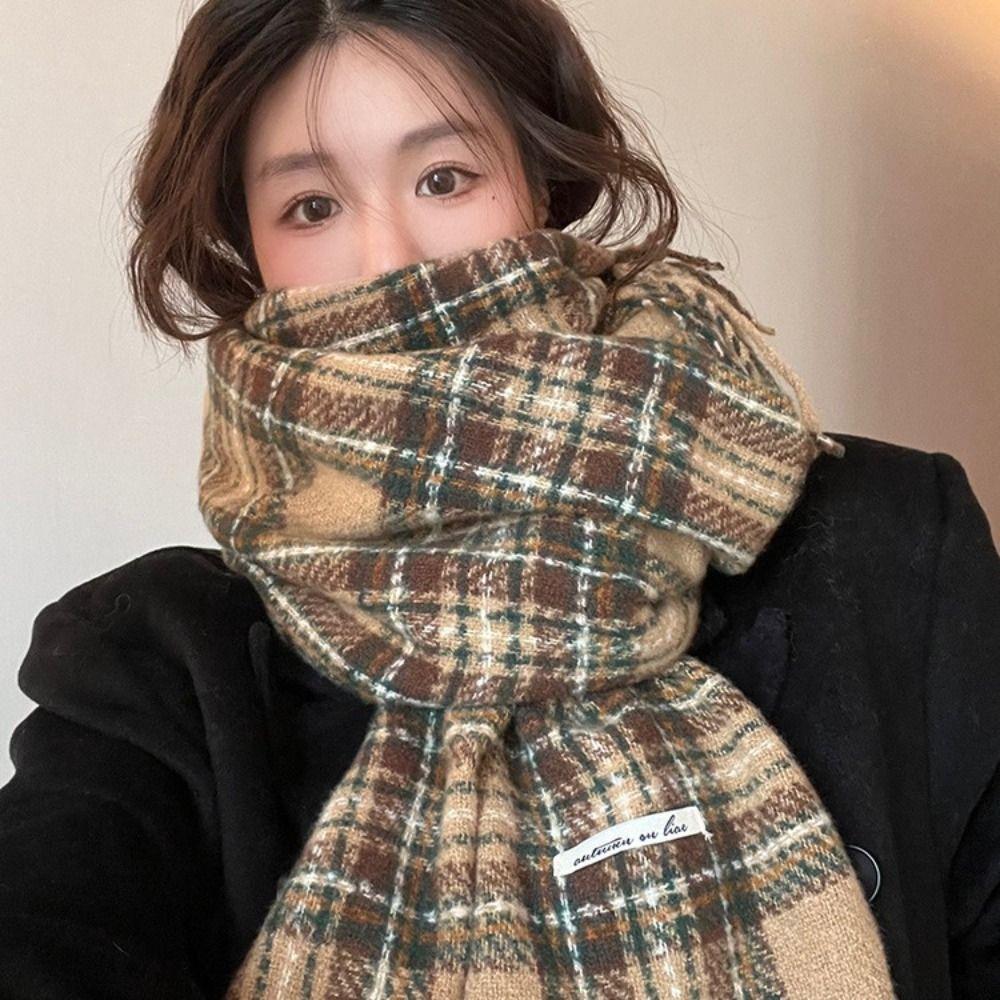 Plush Plaid Wool Scarf Tassel Long Shawl Retro Winter Cashmere Scarves Autumn Winter