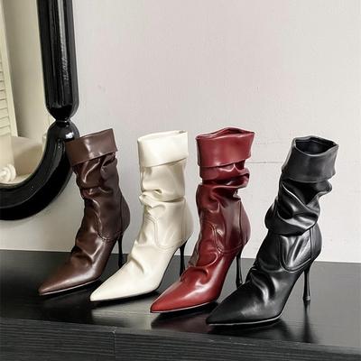 2025 осень новые женские ботинки модный темперамент европейский и американский стиль морщинистые ботинки женские остроносые ботинки детские тонкий каблук высокий каблук с