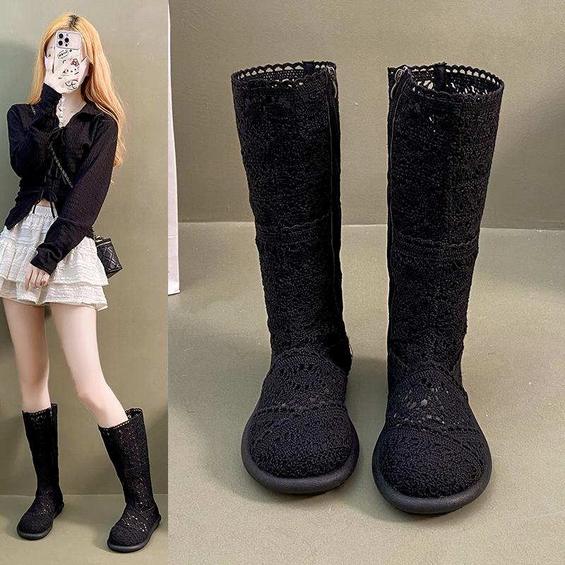 Мода 2025 полые сапоги дышащая обувь модная сетка вязаная линия высокая голень летние женские сапоги до колена труба женская обувь