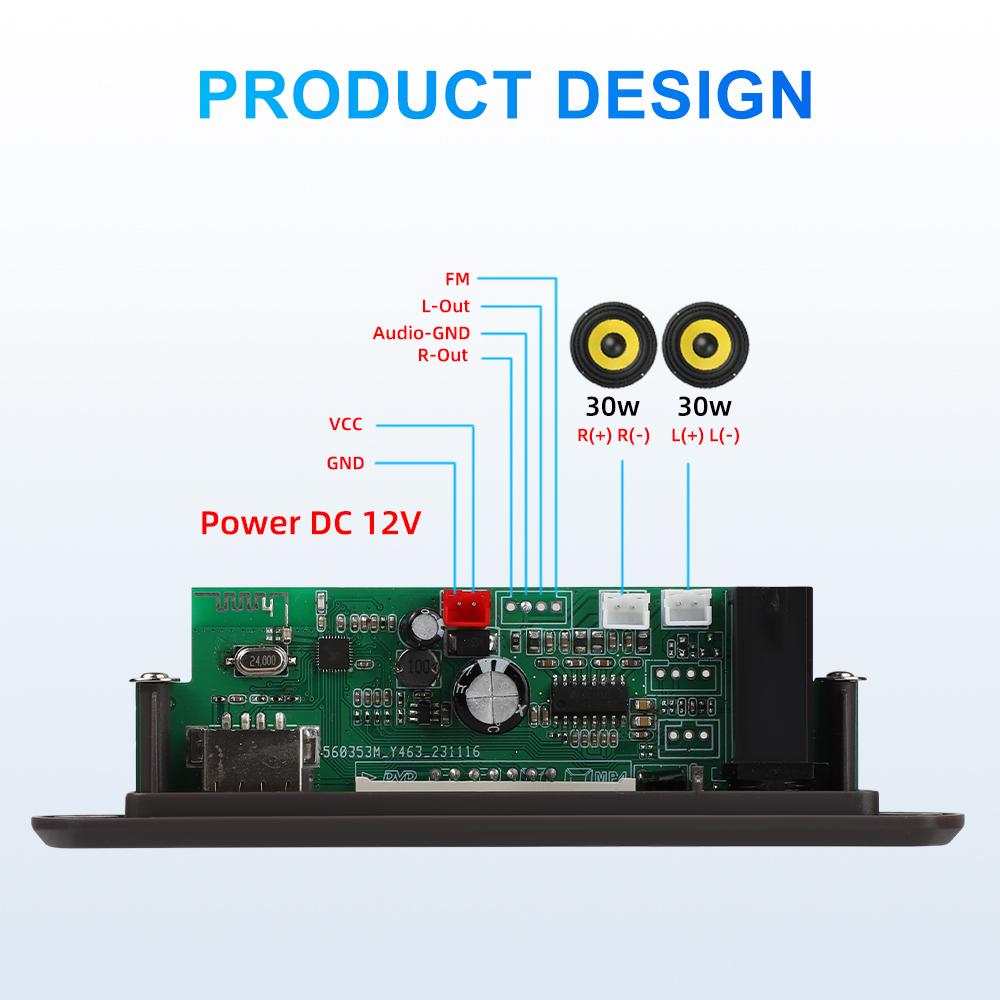 DC 12V 20V Bluetooth 5.3 MP3 Decoder Board Hands-free Car Audio Microphone Clock Display USB TF FM Radio Mp3 Music Player Speaker with Remote Control