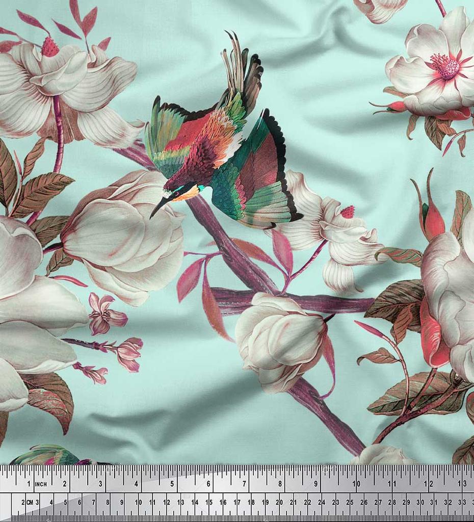Soimoi Серая полиэфирная креповая ткань с цветочным принтом и принтом зимородка, 42 дюйма по метрам