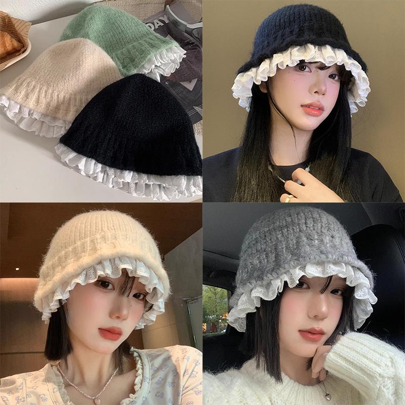 Lace Knitted Bucket Hat Women'S Autumn And Winter Street Sweet Versatile Outdoors Warm Casual Big Head Bob Cap