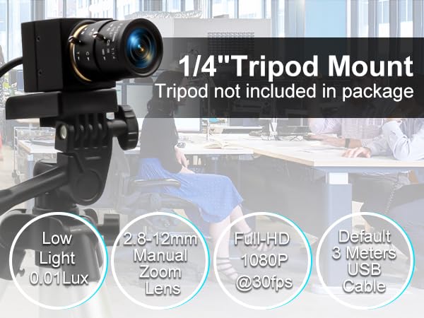 ELP 1080P USB 4x Optical Zoom Lens with Low for Zoom In and Video OpenCV Plug and Play for Jetson Nano and Windows Laptops Webcam, 2.8-12mm