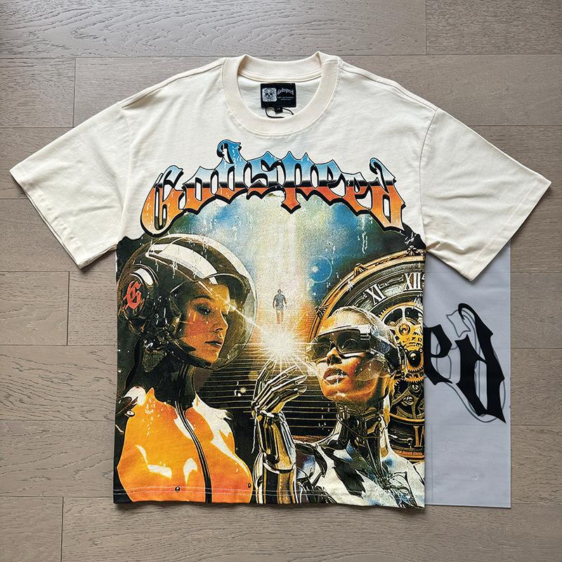 New Meichao Godspeed Skull Rock Band Crew Neck Wash Black Short Sleeve T-Shirt Couple Same Style