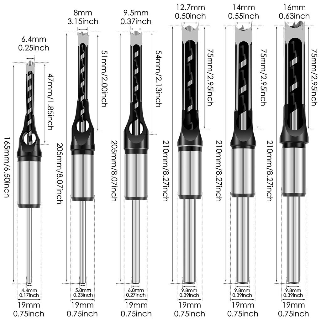 4/6PCS Square Hole Drill Woodworking Drill Bit Hss Twist Square Hole Drill Bit 6.4-16mm Spiral Mortise Chisel