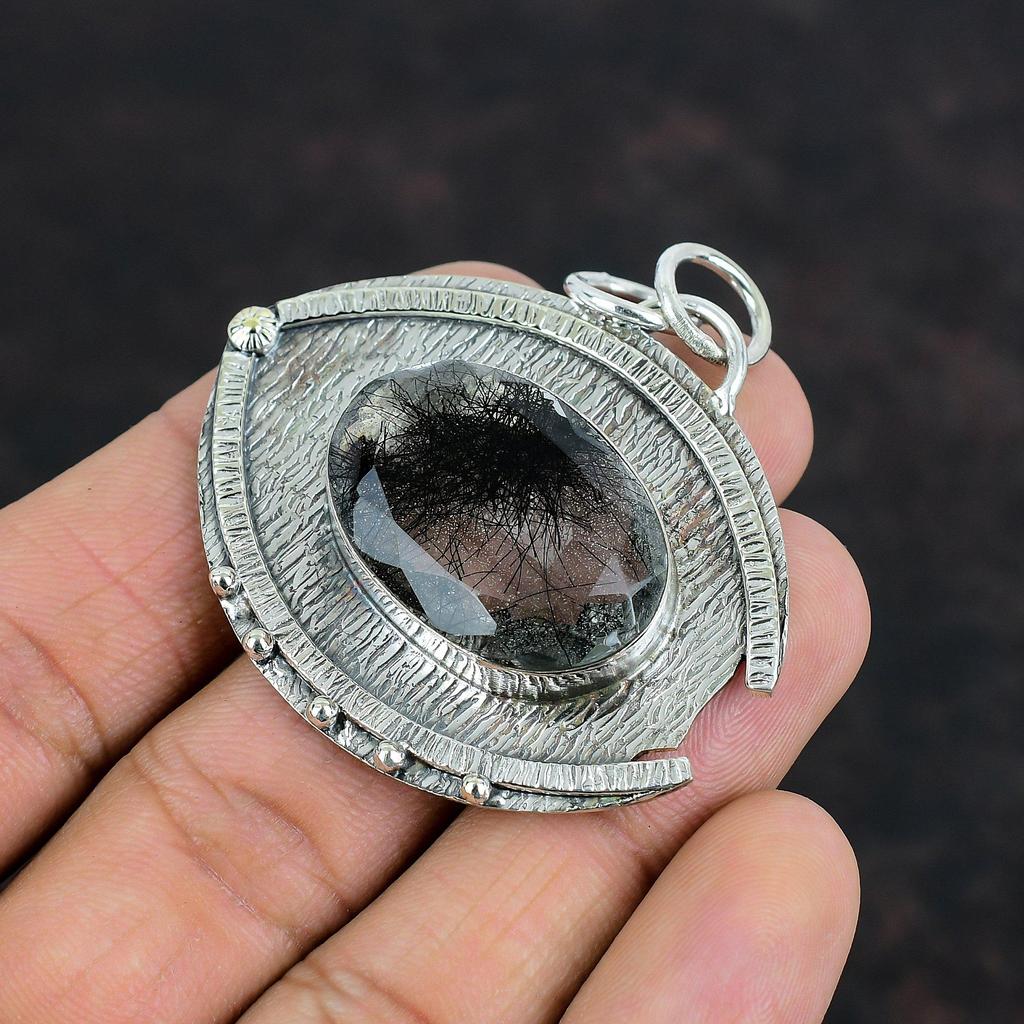 Подвеска из ограненного черного рутила с драгоценным камнем, изящная подвеска из стерлингового серебра 925 пробы, подвеска ручной работы из натурального черного рутила, ювелирные изделия в подарок маме