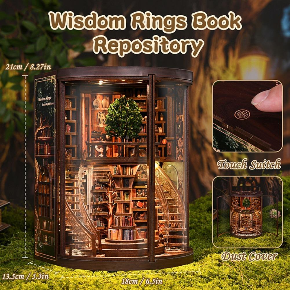 DIY Wooden Book Nook Figurines Miniatures Wisdom Rings Book Repository Bookend Home Decor Crafts For Friends Birthday Gifts