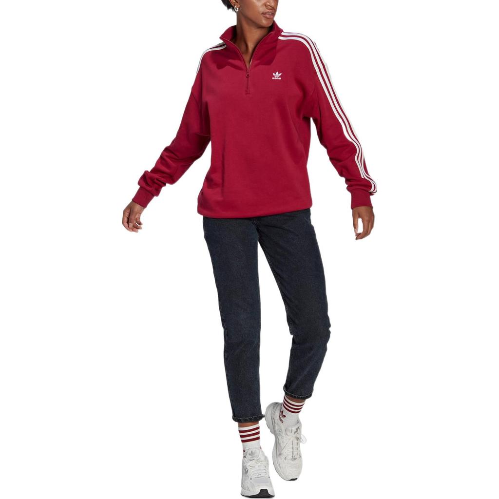 adidas Оригинальная куртка с логотипом в виде трилистника, полосатая куртка с полумолнией и воротником-стойкой, женская куртка, красная II6086