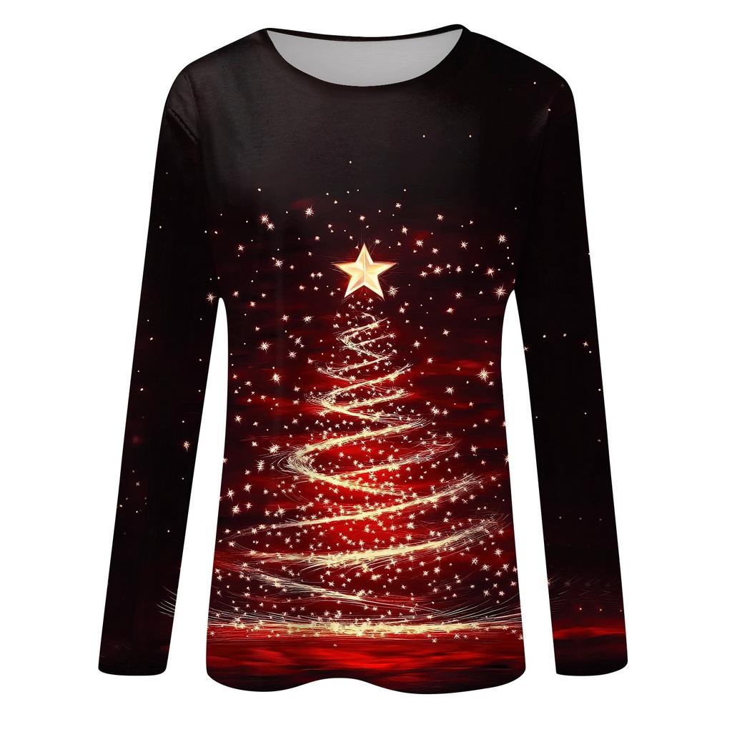 Женская мода повседневный рождественский принт круглый вырез длинный рукав пуловер топ