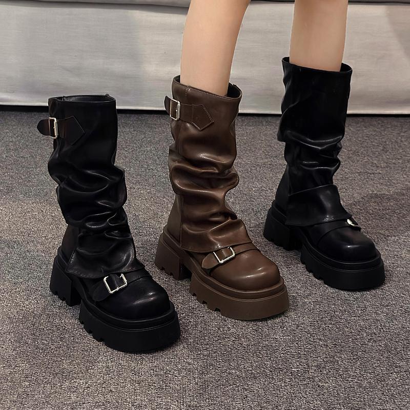Мода 2024 года, горячая распродажа, новые женские ботинки до середины голени с круглым носком и толстым каблуком, однотонные износостойкие ботинки для женщин, Botines Mujer