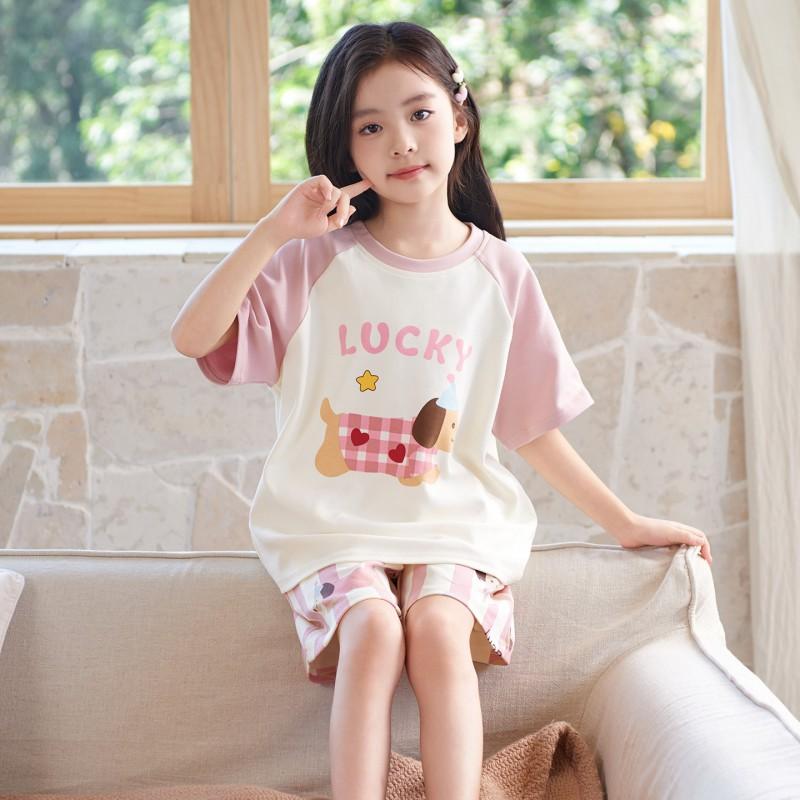 Cotton Girls Pajama Set Sleeveless Sleepwear Kids 8 Years Sweet Dachshund Print Home Outfit