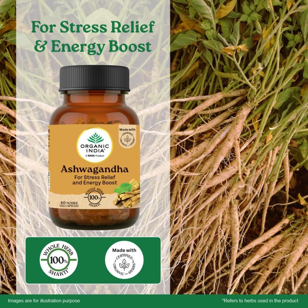 ORGANIC INDIA Ashwagandha Capsules 60 Veg Caps Boost Energy Stamina Support Vitality Stress Relief
