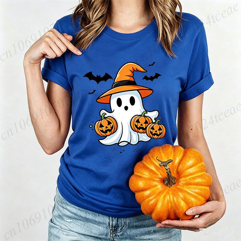 Halloween Cute Ghost Witch Hat Print Tshirt for Women Cartoon Pumpkin Bat Graphic Tee Fall Casual T Shirt Halloween Costume Tops