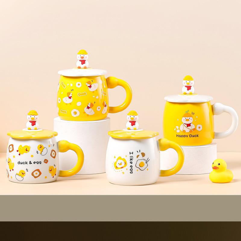Cartoon Little Yellow Duck Mug Creative Cute Pet Ceramic Cup with Lid Silicone Doll Spoon Girl Breakfast Cup Large Capacity