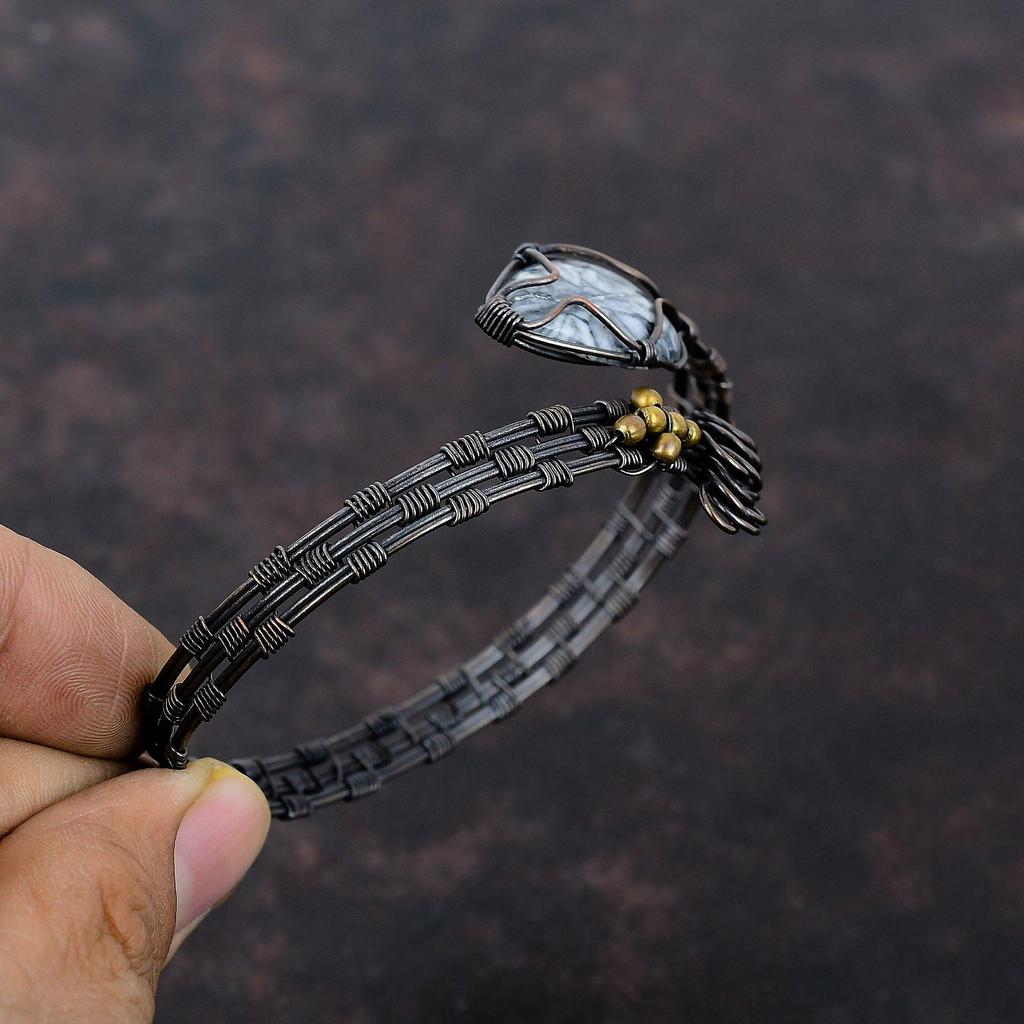 Браслет Pinolith Jasper, обмотанный медной проволокой, регулируемый браслет, браслет ручной работы с драгоценными камнями, обмотанный медной проволокой, ювелирное изделие, подарок для нее