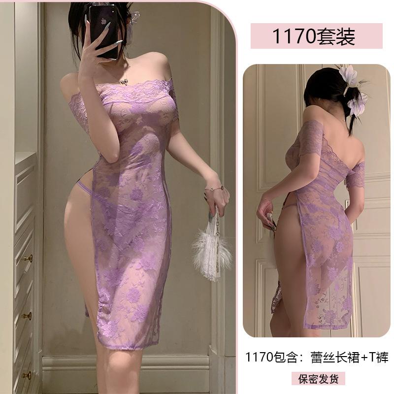 Erotic Underwear, sexy and pure desire, lace Seduction, slit long dress, see-through, revealing buttocks, no-take off uniform pajamas, 1170