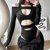 Боди Готический Темный Рок Панк Выдалбливают Сексуальные Готические Облегающие Сетчатые Прозрачные рубашки Женские Лоскутные С Длинным Рукавом