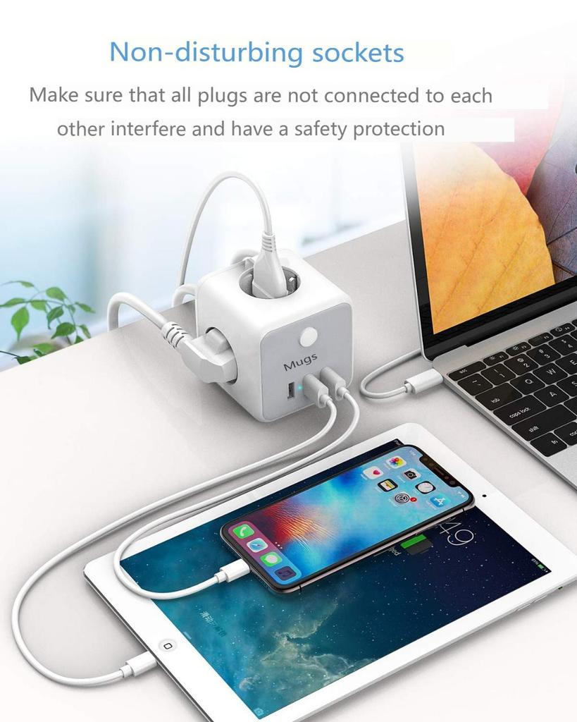 Tessan Power Strip European Multi Plug Cube Socket with Switch 6 Outlets 3 USB Charging Ports 2M Extension Cable for Home
