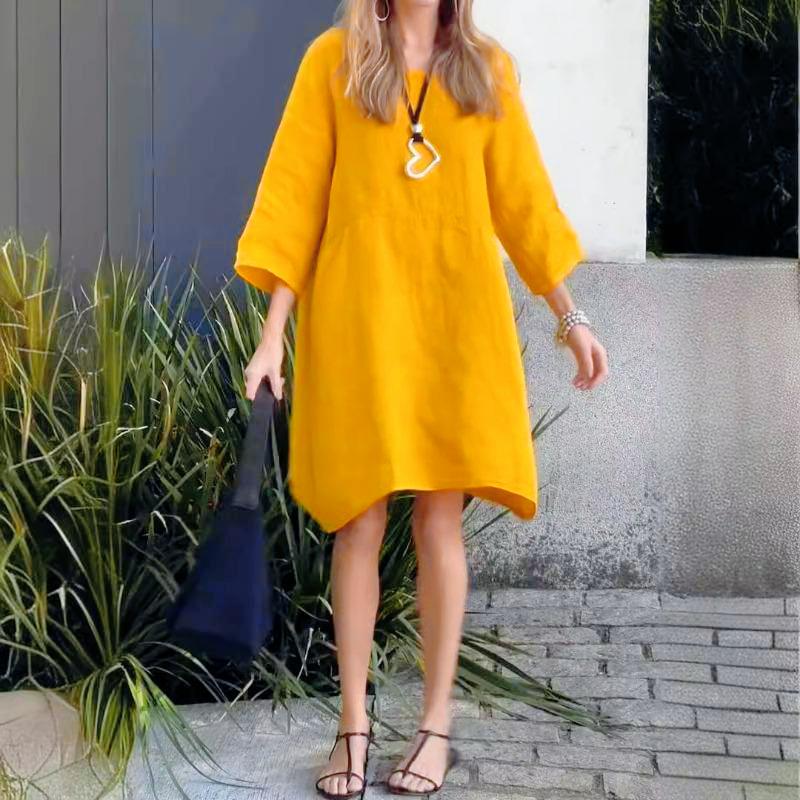 Summer Ladies Lovely Solid Color Loose Casual Pocket Cotton Linen Dress