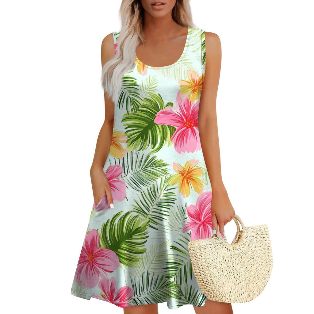Women's Summer Casual Square Neck Floral Print Sleeveless Dress With Pockets