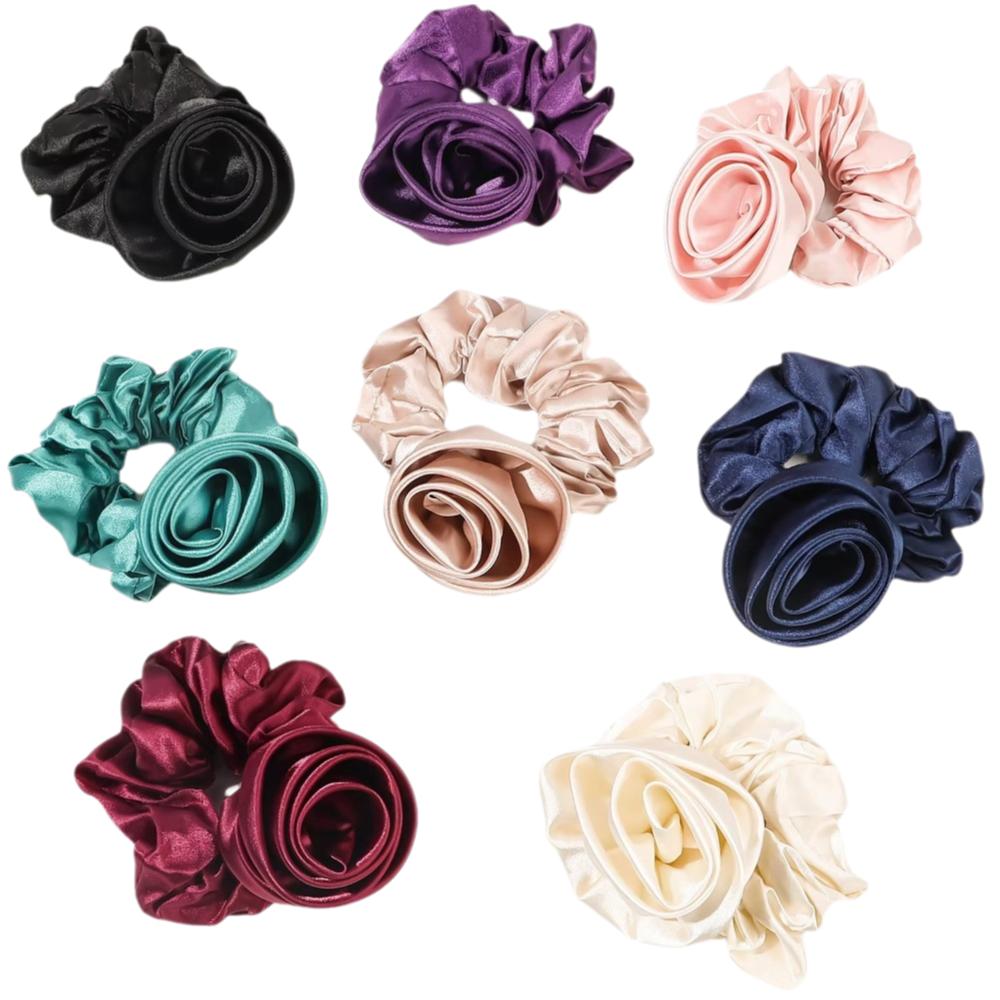 Flower Design Korean Hair Bands Satin Material Big Flower Scrunchies Satin Hair Rope Korean Style