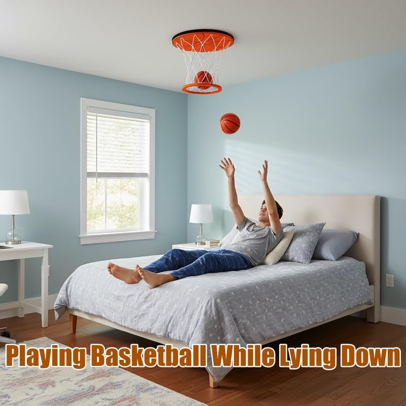 Hanging Indoor Ceiling Basketball Hoop Mini Basketball Goal with Soft Ball for Bedroom Office, Stress-Relieving Game for Adults