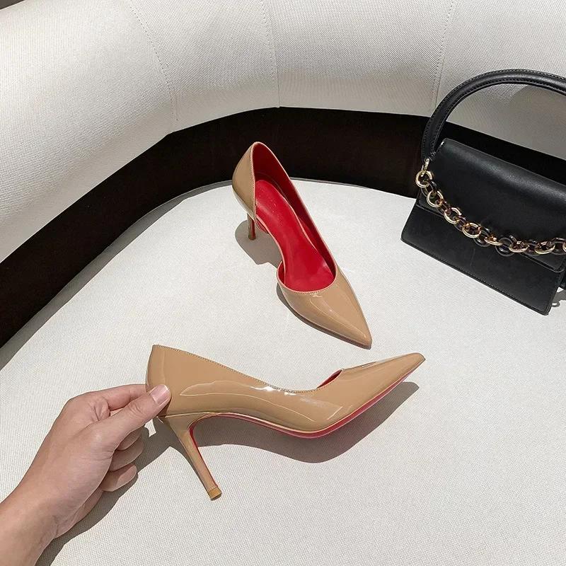 Women Red Sole Pumps Black Pointed Lacquer Leather Side Air High Heels Thin Elegant Sexy Single Shoes