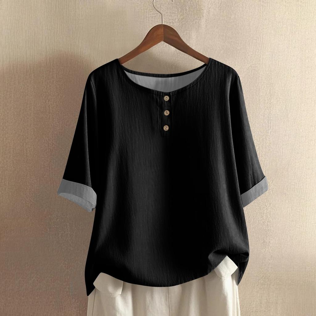 Women's Fashionable And Casual Shirt Half-sleeve Round Neck Solid-color Cotton And Linen Blouse Top
