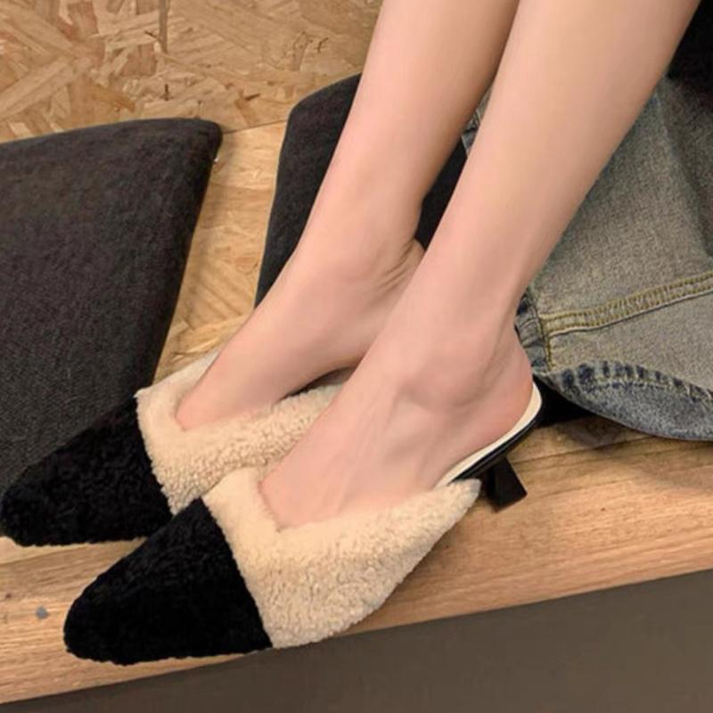 Winter Fur Shallow Women Slippers Pointed Toe Fashion Mid Heels Shoes 2025 Trend Designer Elegant Pumps Dress Chaussures Ladies