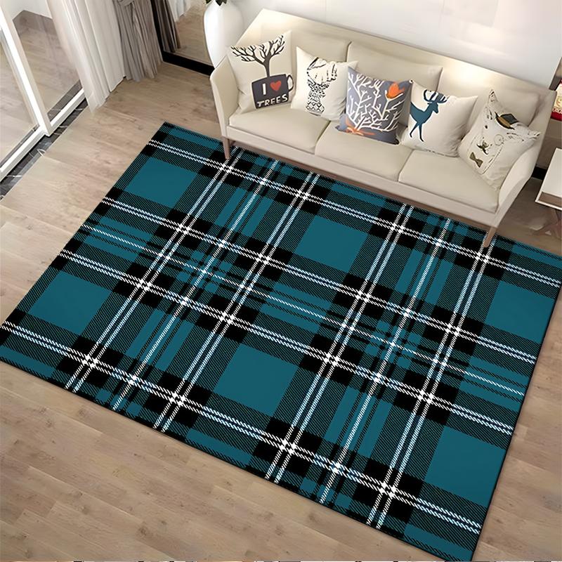 Modern Plaid Pattern Carpet, Blue and Black Decorative Area Rug Suitable for use as an anti-slip for living room bedroom sofas