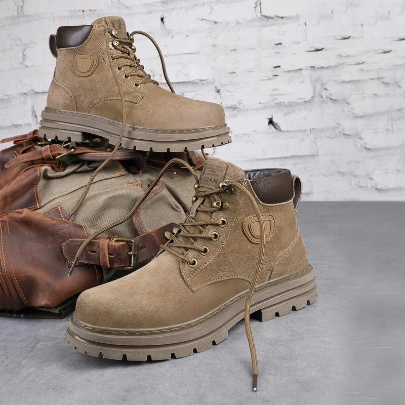 High Top Mens Suede Leather Motorcycle Boots Non-Slip Lace-Up Walking Shoes Luxury Brand Basic Boots Warm Plush Fur Winter