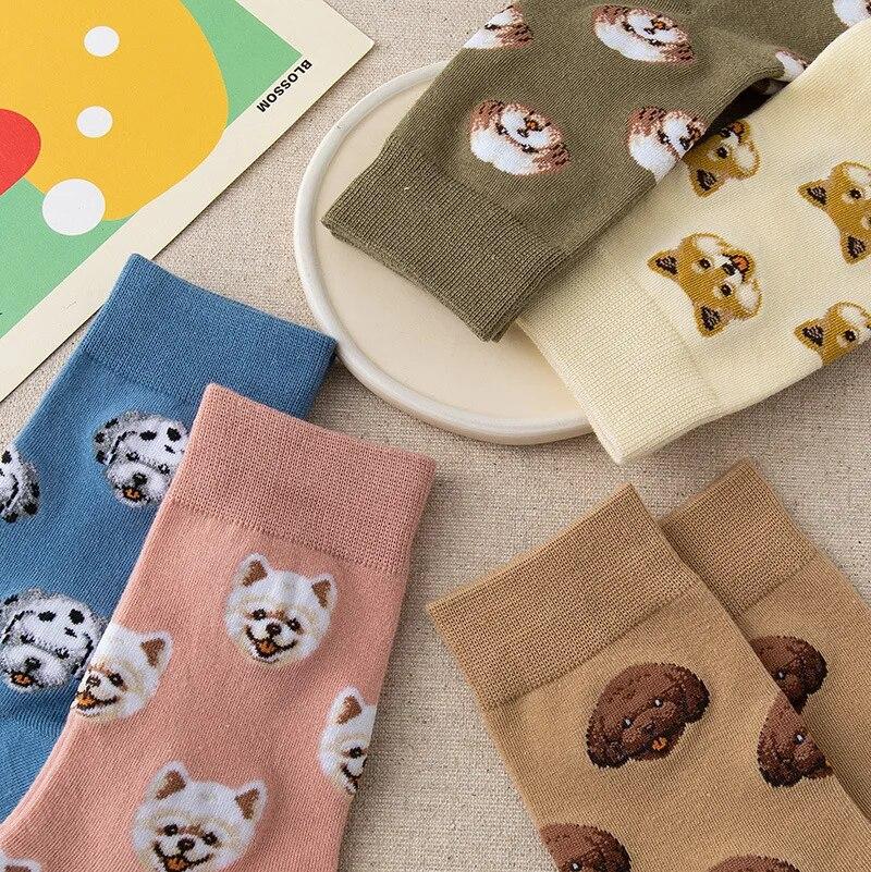 Cute Cartoon Dog Women‘s Sock Kwaii Korea Harajuku Funny Dalmatian Malzis Teddy Pomeranian Long Sox Skarpetki Chaussette Meias