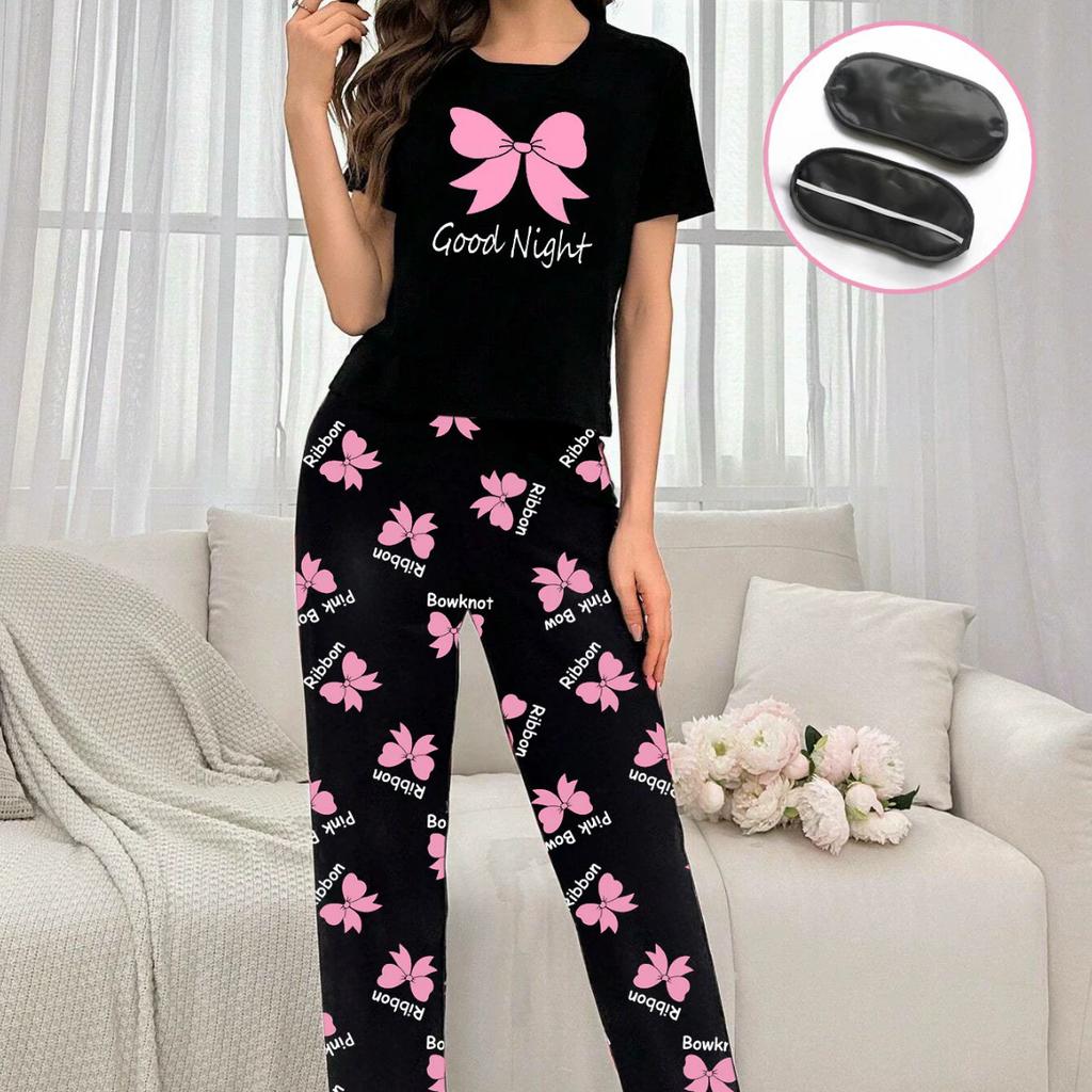 Пижамный комплект весна-лето для женщин с принтом в виде сердца, топ с короткими рукавами и длинные брюки, пижама с повязкой на глазу, повседневная свободная мягкая домашняя одежда