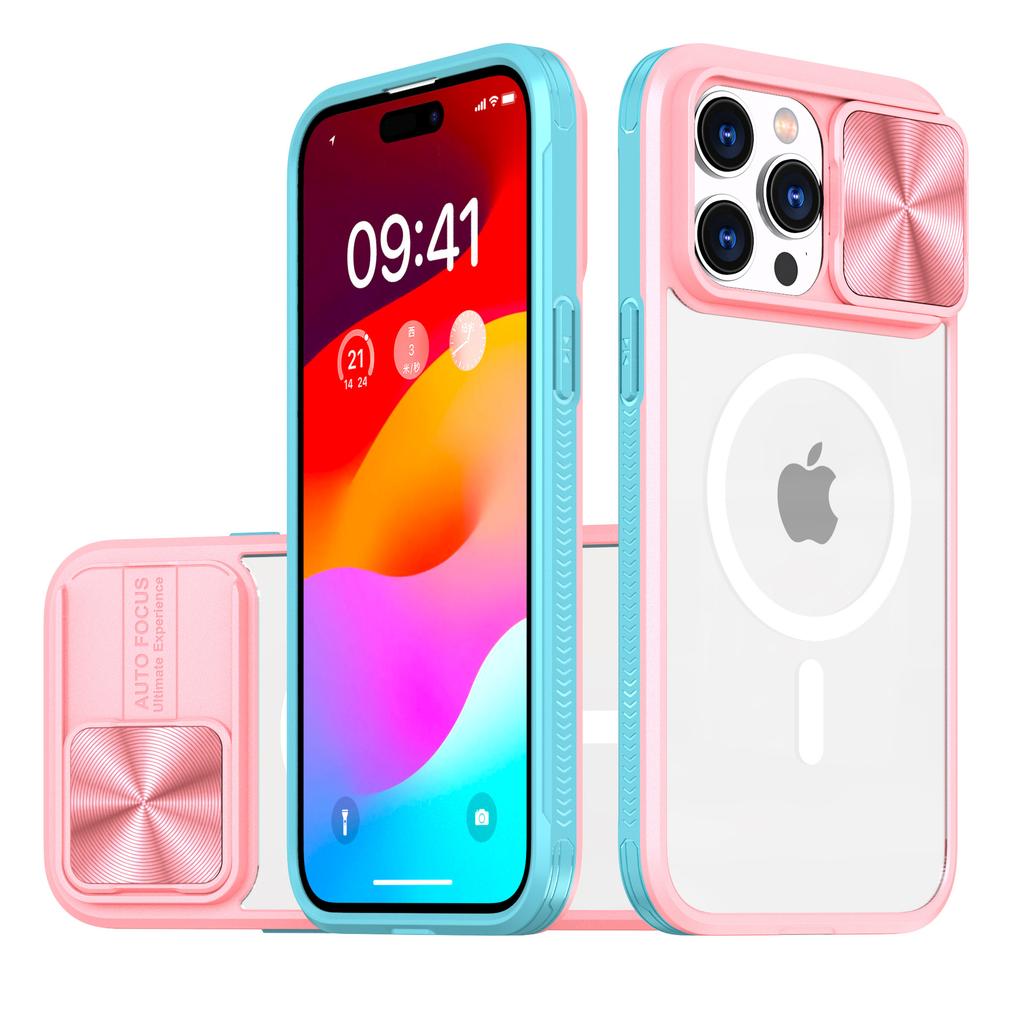 For IPhone 15Pro Mobile Phone Case Magsafe Magnetic Transparent Contrasting Color for Apple 14Plus Charm Sliding Window