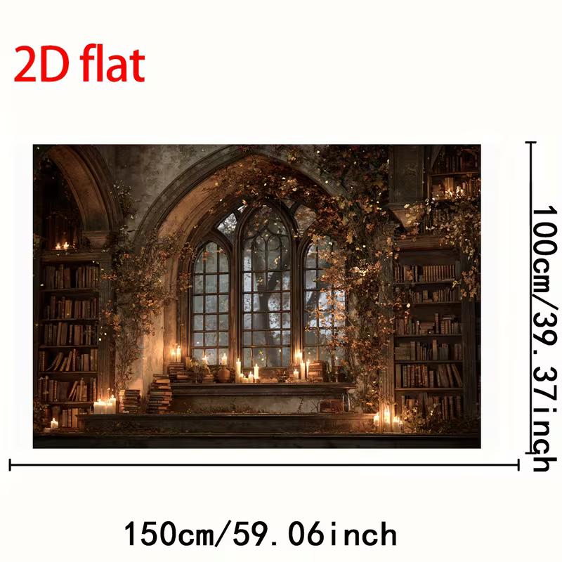 2D Vintage Gothic Library Window & Books Photo Booth Backdrop