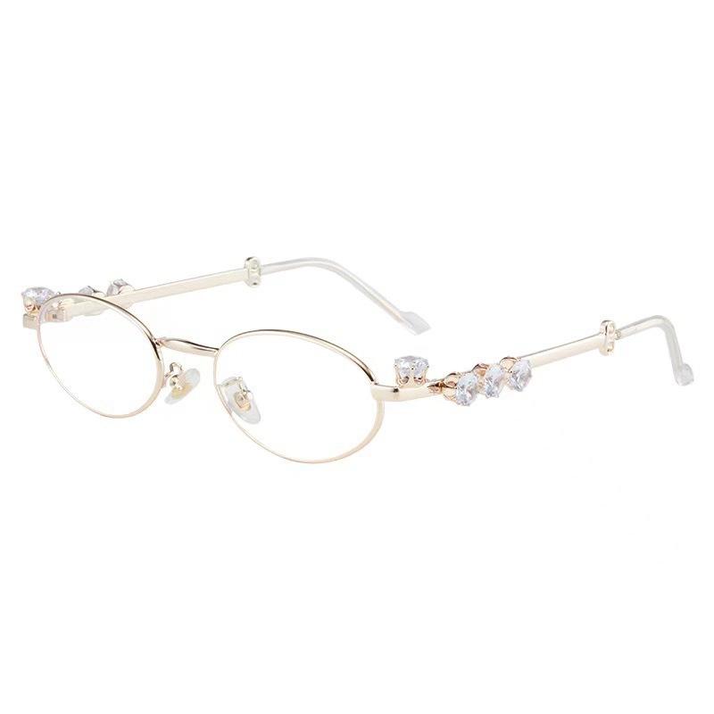 Retro Metal Oval Inlaid Diamond Gm Glasses Trendy High-End Small Frame Round Face Myopia With Degree Frame