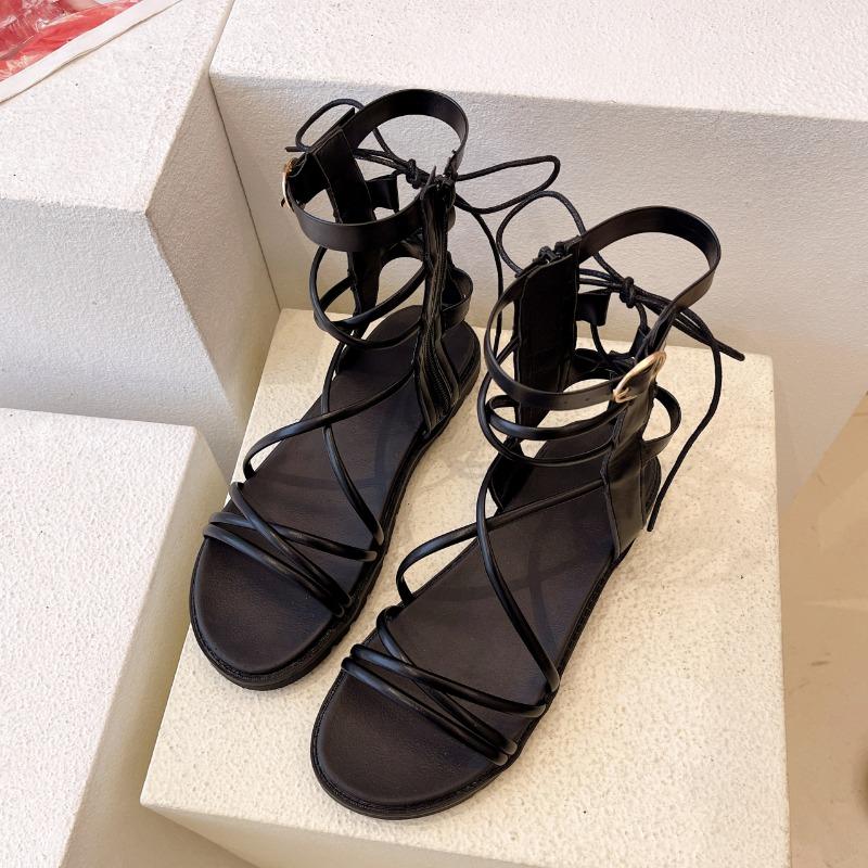 Модные римские сандалии женские летние новые высокие туфли на плоской подошве с перекрещивающимися тонкими ремнями на мягкой подошве классные ботинки