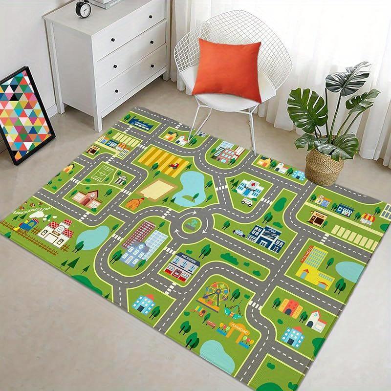 Green City Road Map Non-slip Kids Play Rug Interactive Educational Traffic Floor Mat for Bedroom Playroom Nursery Decor