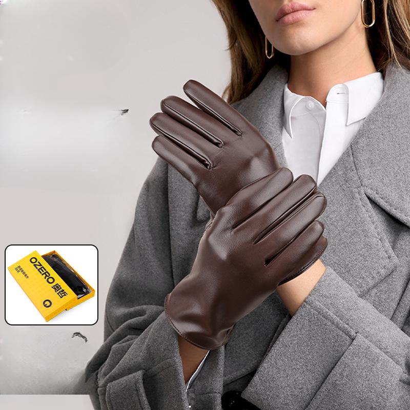 Women's Winter Warm Gloves Plus Velvet Cold Proof Korean Style Fashionable Driving and Riding Pu Leather Gloves Gift Box