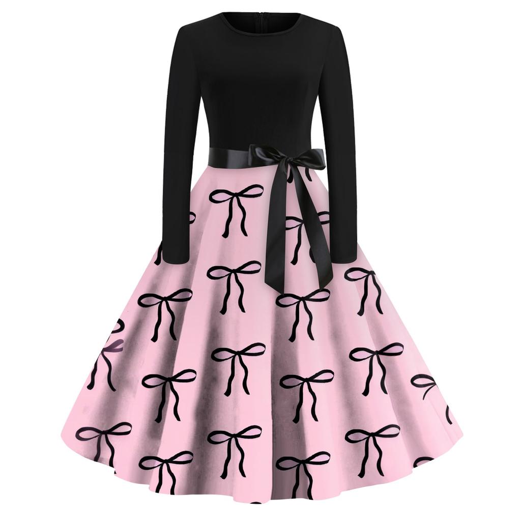 Женское платье с круглым вырезом и большим подолом, плиссированная юбка с длинными рукавами, платье