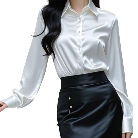 Женская рубашка однотонная гладкая атласная с длинным рукавом и лацканами, повседневные топы Single