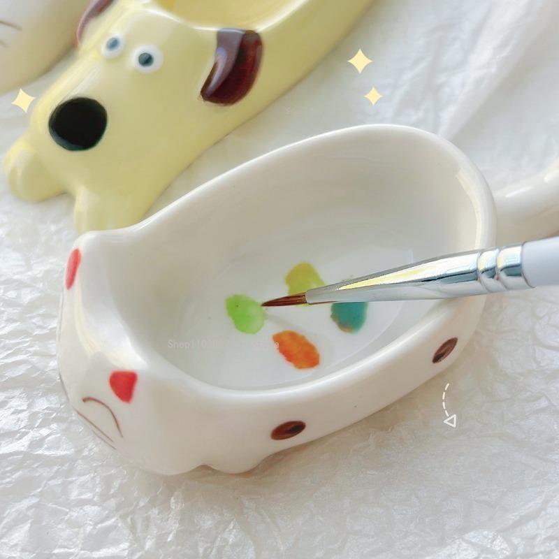 Creative Ceramic Watercolor Palette Cat/dog Paint Tray Pen Holder Easy To Clean Pen Washing Cup Portable Painting Art Supplies