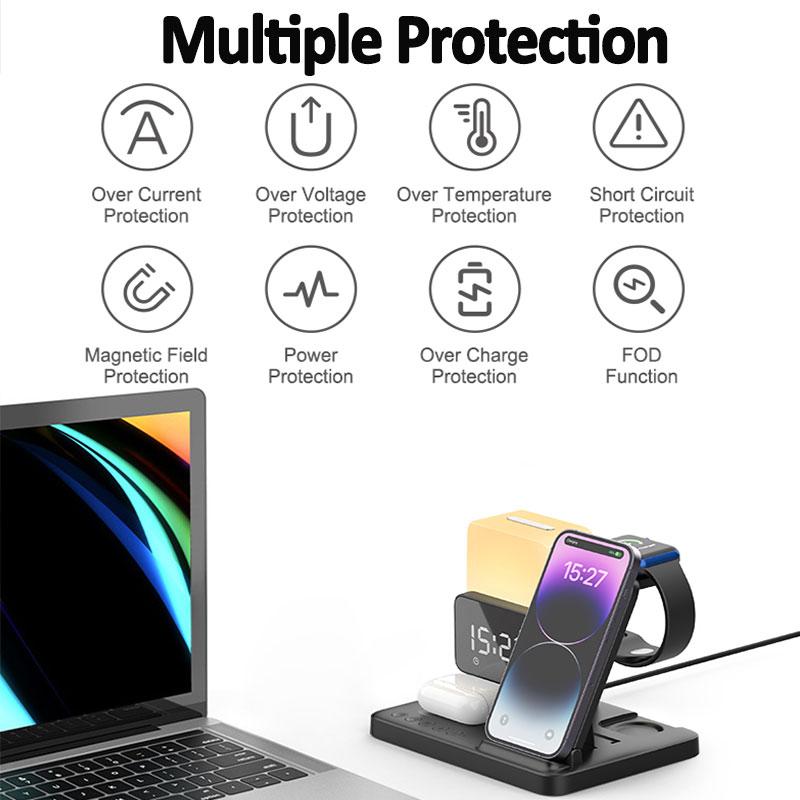 Складная подставка для беспроводного зарядного устройства 6 в 1, лампа-будильник, док-станция для быстрой зарядки для iPhone 14, 13, 12 X Pro Max Airpods Pro iWatch