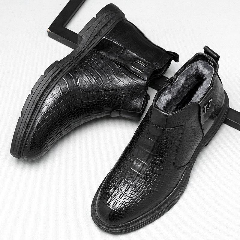 Качественные мужские деловые ботинки из коровьей кожи, осенне-зимние теплые меховые зимние ботинки, мужские ботильоны с крокодиловым узором, мужская обувь