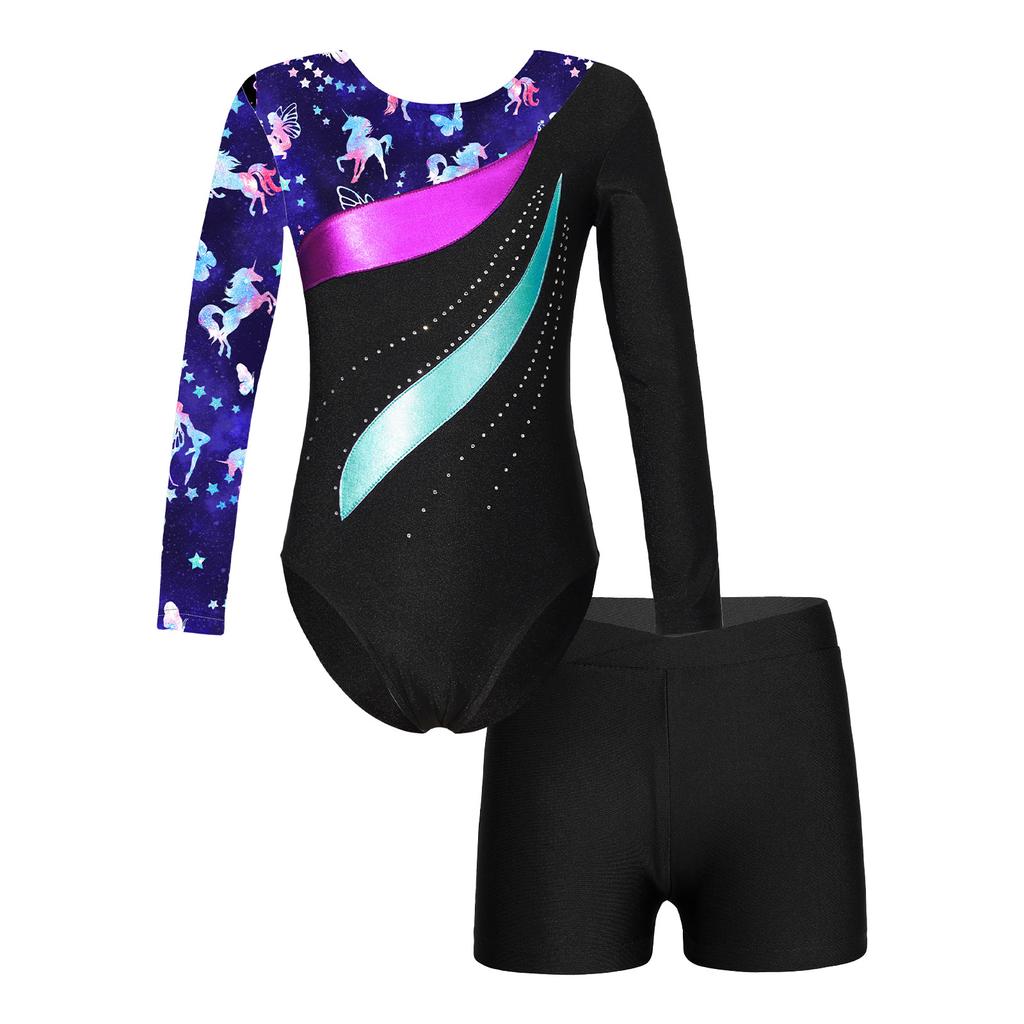 Девочки купальник с длинным рукавом и стразами, принтованный пэчворк с V-образным вырезом спереди, шорты, танцевальный комплект