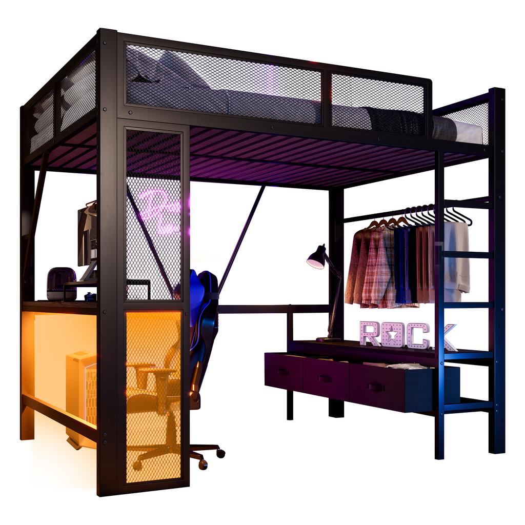140 x 200 cm Metal Play Loft Bed with USB, LED, Desk, Open Wardrobe and 3 Laundry Drawers, Black