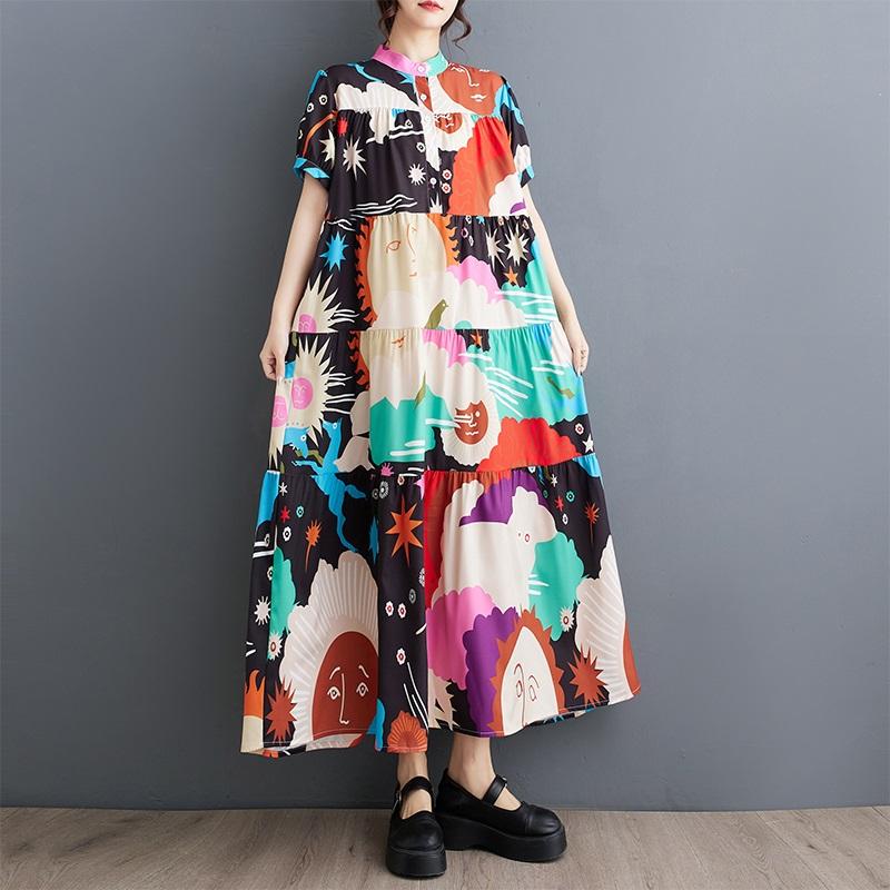Новое винтажное платье с цветочным принтом больших размеров с коротким рукавом для женщин, повседневное свободное длинное летнее платье