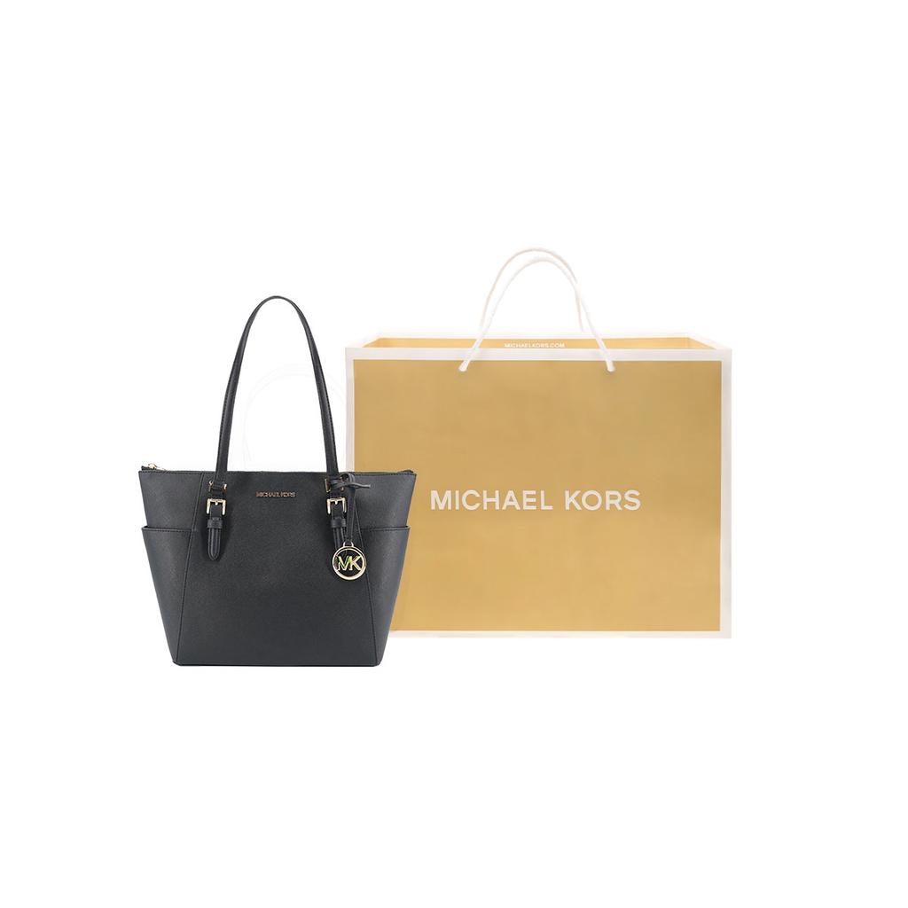 Michael Kors Mk Charlotte Винтажная Однотонная Сумка-тоут Большой Вместимости с Подвеской-логотипом для Поездок на Работу и Покупок Женская тоут Черная 35T0GCFT7L-BLACK
