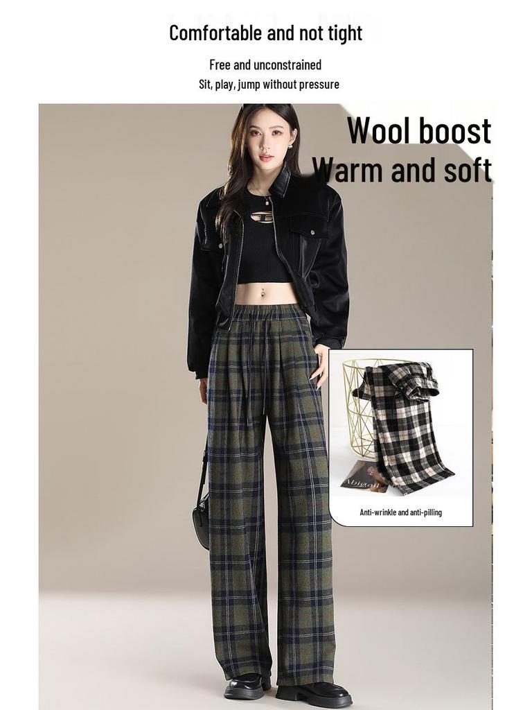 Women's Retro Wool Plaid Velvet-Lined Wide-Leg Pants