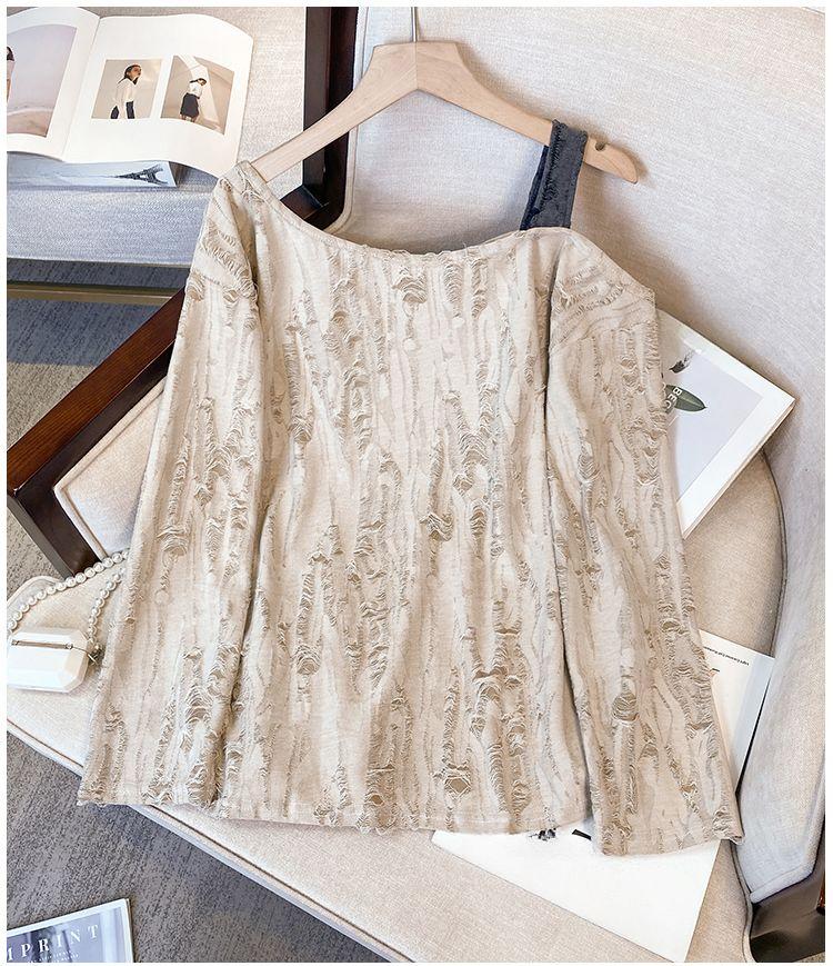 Butterfly Hole Breaking Design Top Long Sleeve Shoulder Leakage Women's T-shirt Korean Fashion Drawstring Lady Pullover